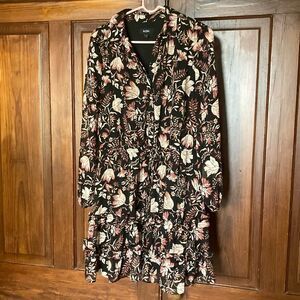 MSK Printed Floral Elastic Waist Long Sleeve Lined Collared Ruffle Dress size L